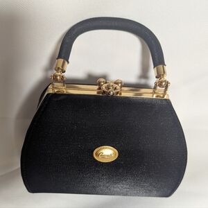 Cawen's Vintage Black Satin Top-Handle Evening Clutch with Gold Accents